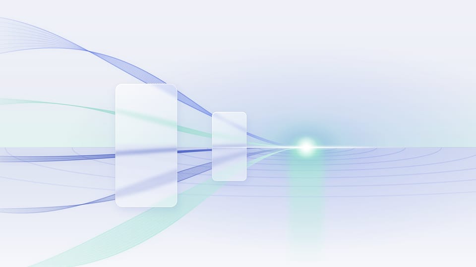 Abstract illustration of cobalt and mint light ribbons flowing through glass panels toward a bright point on the horizon
