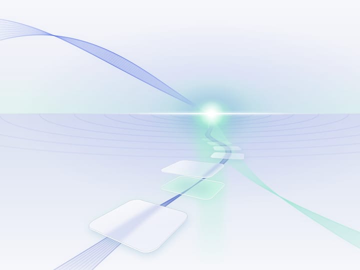 Abstract illustration of a path of thin glass tiles leading to a bright point on the horizon, with one tile being set into its place