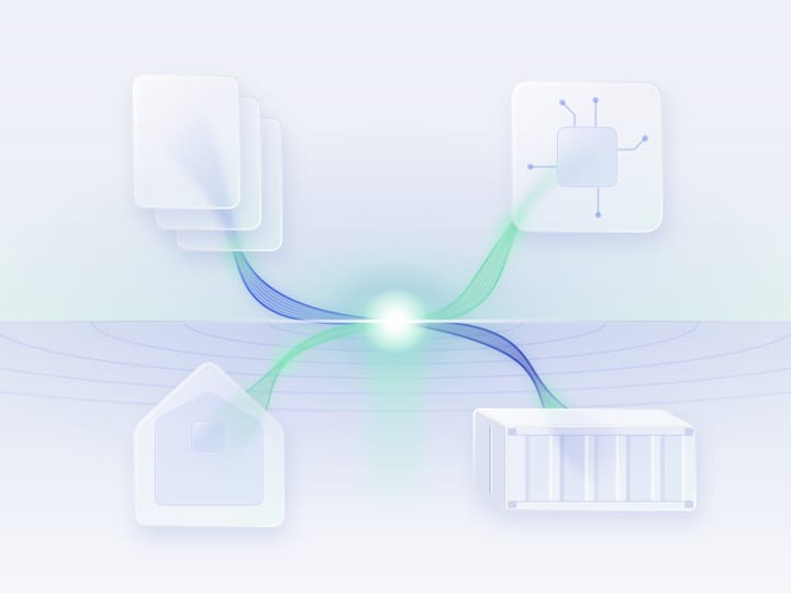 Abstract illustration of four translucent glass modules linked by cobalt and mint light strands to a bright central point